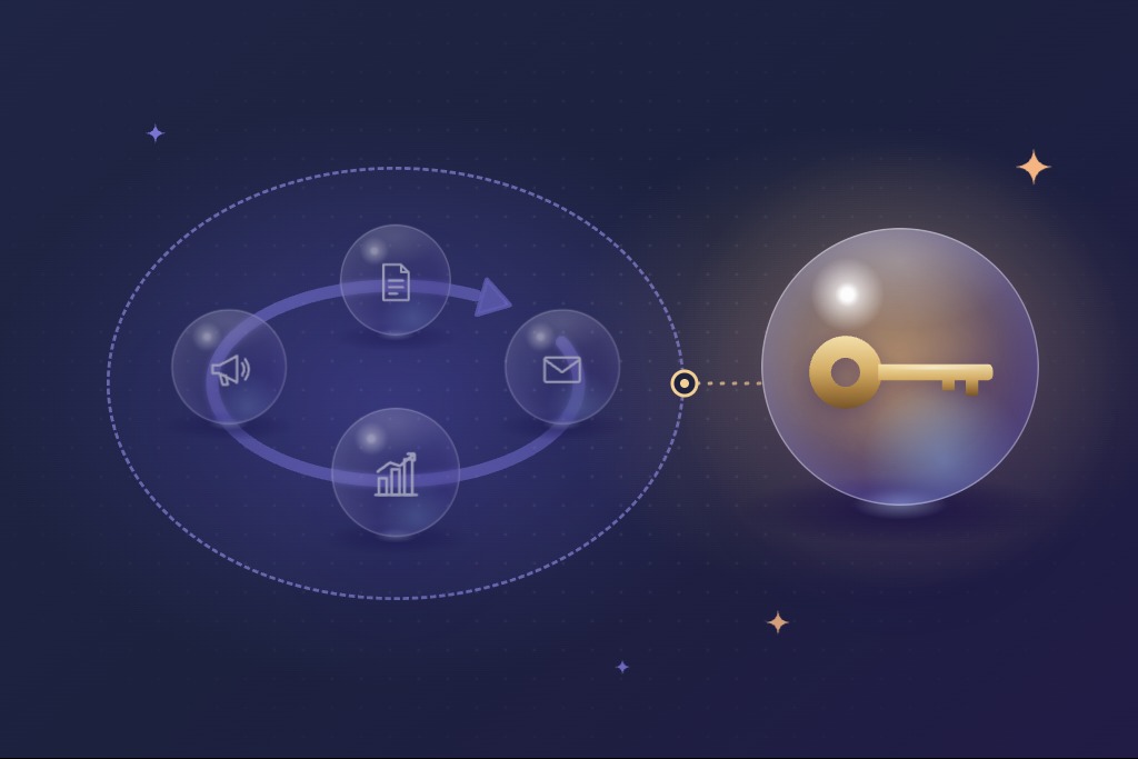 남색 배경에 정한 범위 안의 실행 루프는 흐리게, 범위 밖 황동 열쇠가 든 유리 구체는 밝게 강조한 일러스트. 범위를 넘는 결정은 셀러가 먼저 확인한다는 뜻이에요.